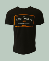 Black shirt with white and orange lettering that says The Next Waltz, Austin TX, Sound Recordings 